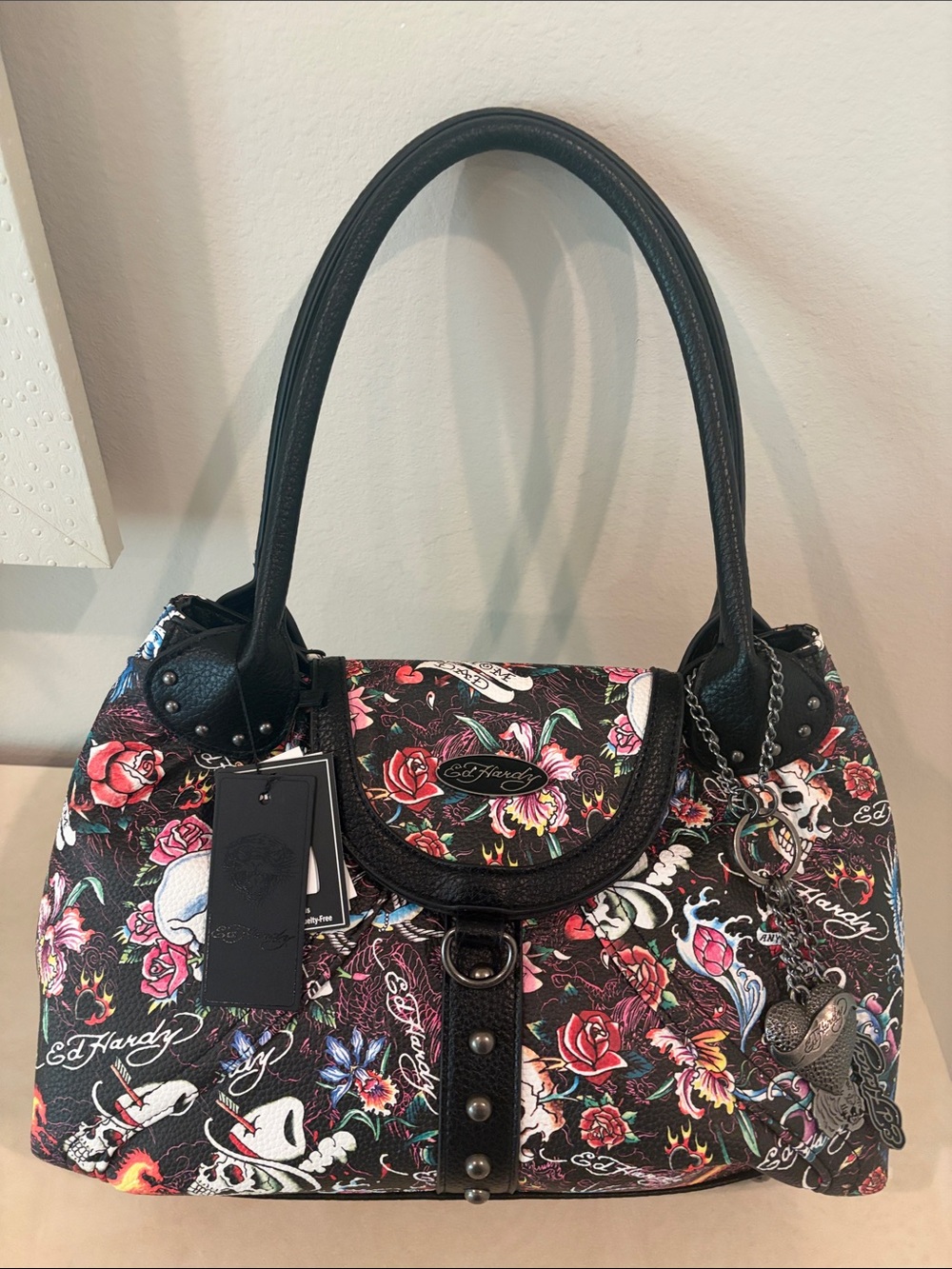 NWT Ed Hardy Black Floral & Skull Print Satchel